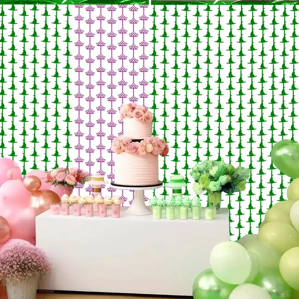 Cortina de lluvia para fiesta de cumpleaños para niños, decoración temática de bruja malvada, diseño de sombrero de bruja y corona, cortina de fondo festiva