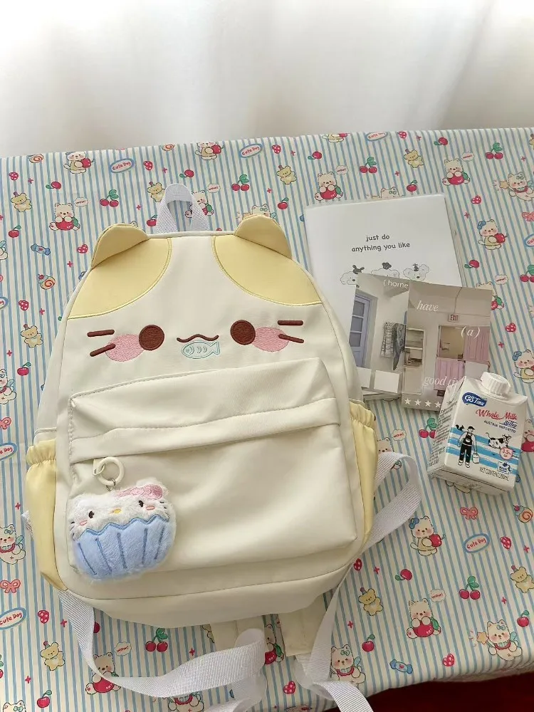 Women's Lovely Waterproof Nylon Backpack with Cartoon Cat Eat Fish Design Schoolbag for Girls with Stitch Detail Book Bag