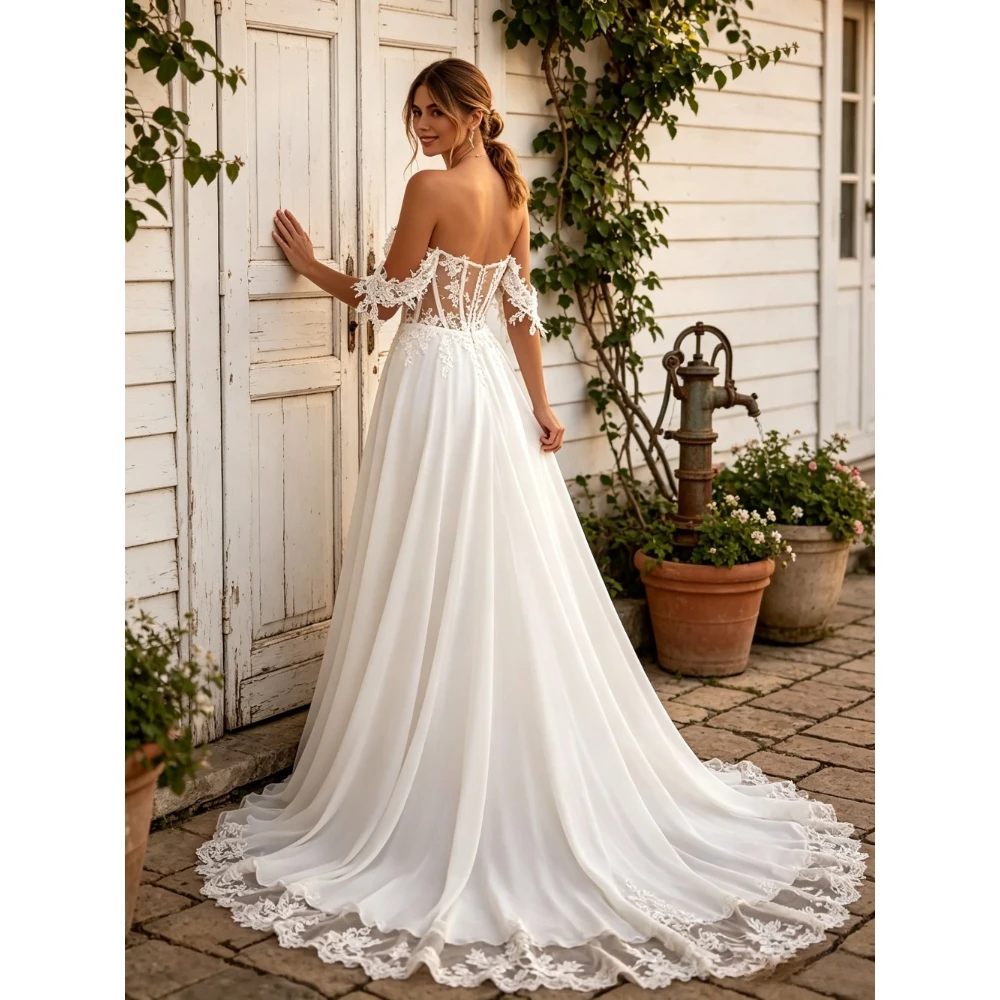 Customized Retro Light Luxury Sweetheart Off The Shoulder See Through Body Sweep Train A Line High Slit Summer Bridal Gown