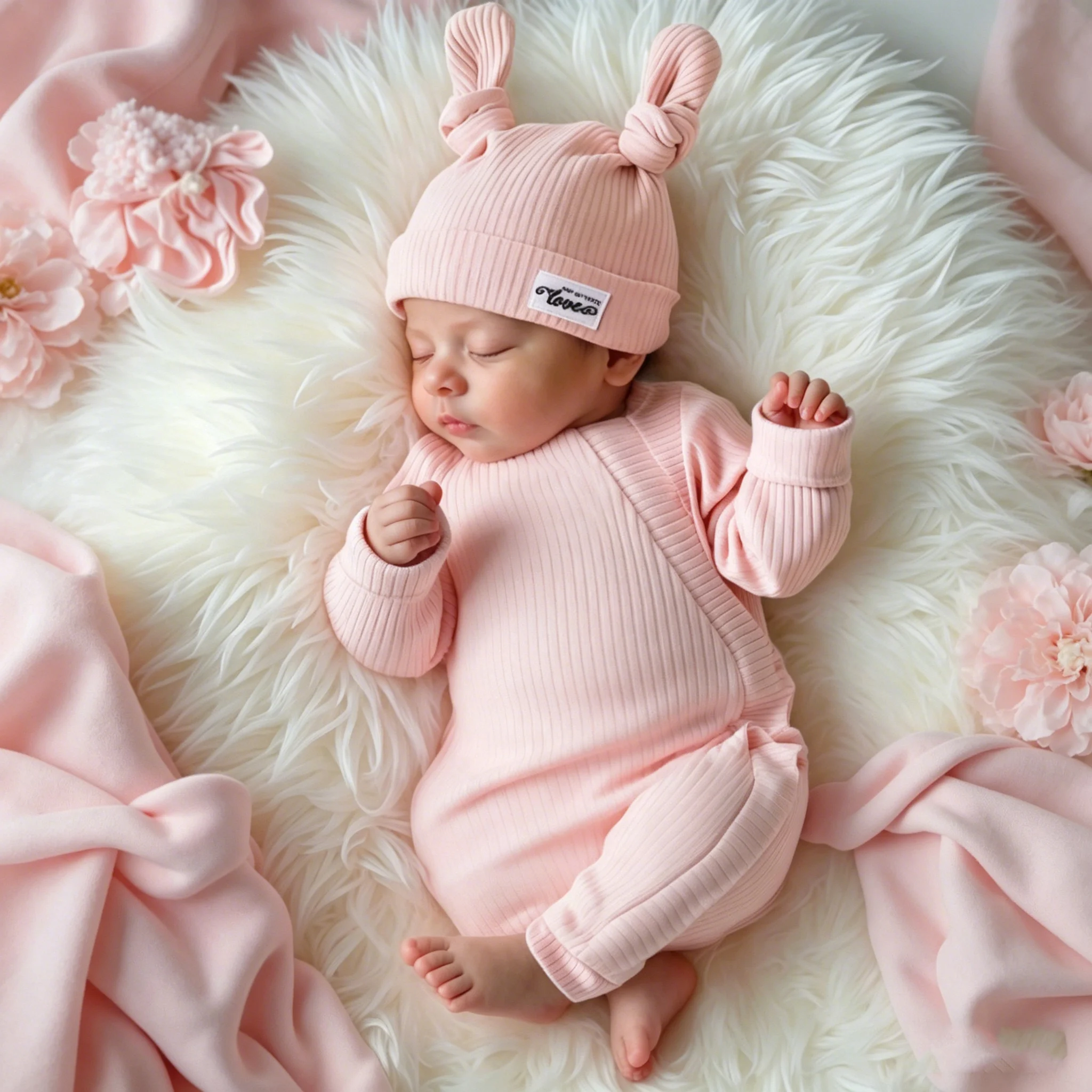 Newborn Photography Clothes Ribbed Romper Bunny Ear Hat Set Infant Zipper Closure Long Sleeve Baby Jumpsuit Coming Home OutfitHD