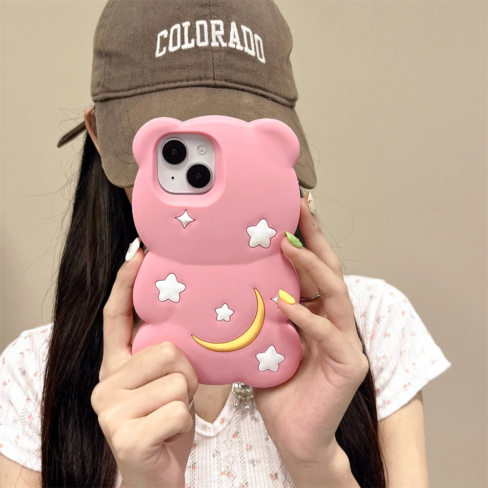 Cartoon 3D Moon Bear Stereoscopic Phone Case Y2K Anti Fall Soft Silicone Case For iPhone 15 Pro Max 14 13 12 Pro Max