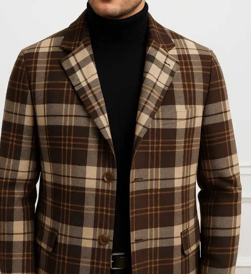 클래식 그리드 울 혼방 남성 오버코트 1피스 싱글 브레스티드 루즈 코트 가을 겨울 따뜻한 스트리트웨어 캐주얼 데일리 맞춤형