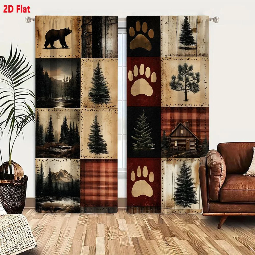 2Pcs Curtains Rustic Cabin Collage Bear And Tree Bark Log Plaid Forest Landscape Decor Window Drapes for Bedroom Room Decor Deco