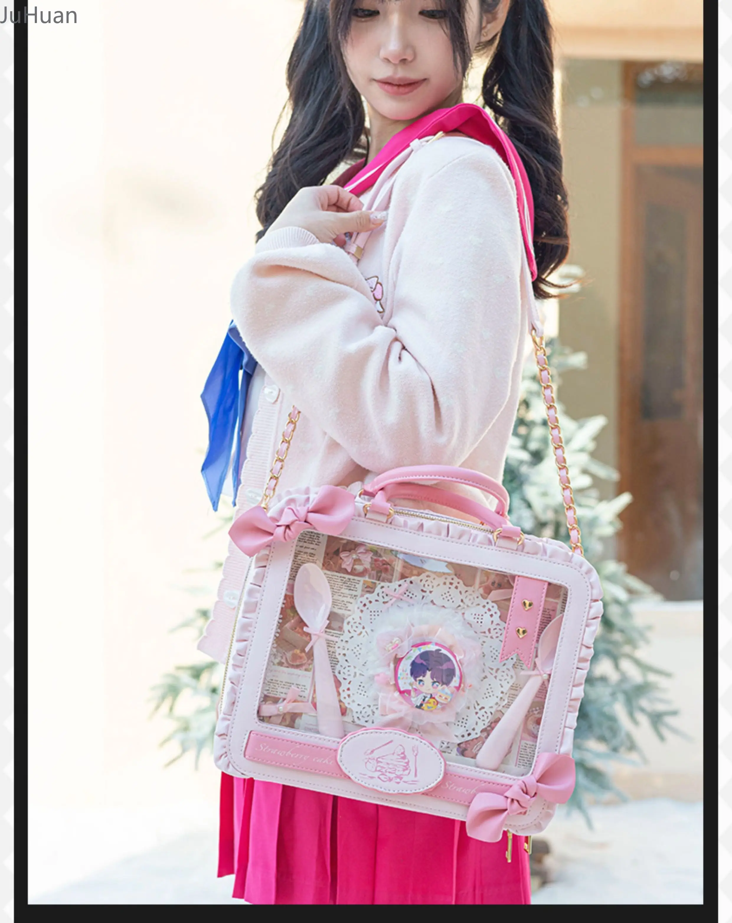 Borsa Lta a doppia spalla bidimensionale Comic-Con giapponese Borsa femminile Lolita con fiocco con volant Borsa a tracolla per cibo medio portatile 3 VENDITE
