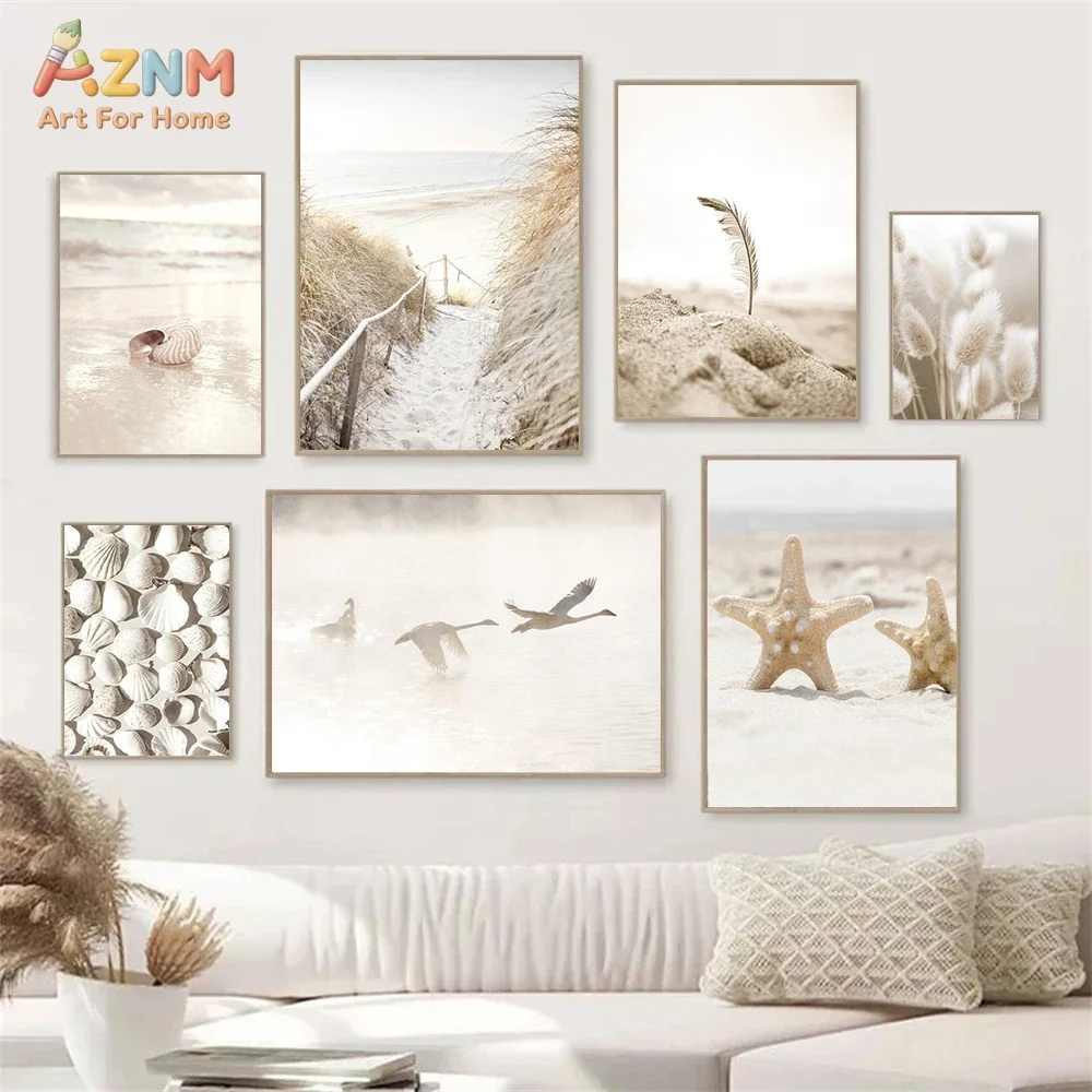 AZNM Neutral Beige Beach Scenery Canvas Wall Art Seastar Seashell Seagull Dune Grass Print Coastal Boho Style Living Room Home D