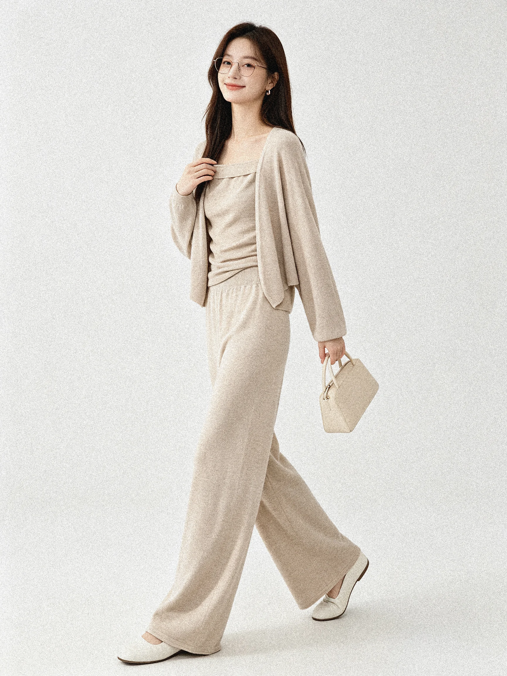 Early Autumn Simple Elegant Lazy Style Soft Skin-friendly Knitted Set Open Cardigan Tube Top Slim Wide Leg Pants Fashion Ense...