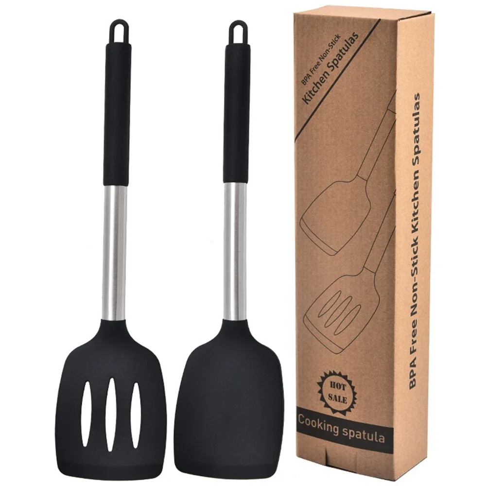 

2 pieces silicone spatula kitchen cooking utensils stainless steel tight spatula leaky spatula non-stick cookware kitchen tool s