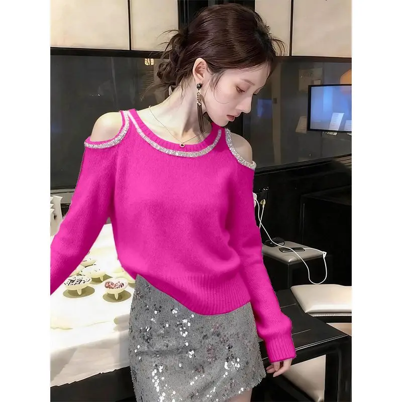 Pink Cut Out Shoulder Knit Sweater Long Sleeve Round Neck Pullover Top with Rhinestone Trim Women Fashion Korean Style