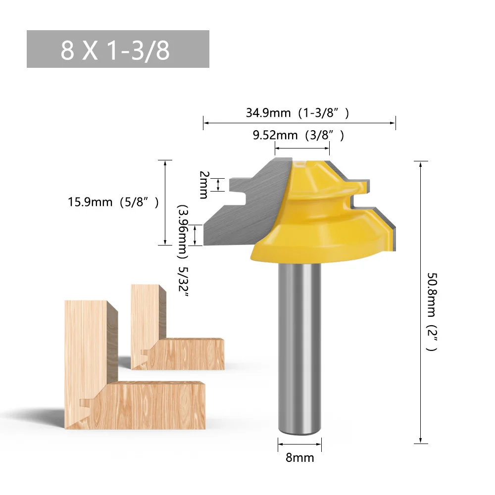 1pcs T Shaped Router Bit for Wood Carpentry 8mm Shank Tongue Woodworking Groove Router Bit 45 Degree 1/4 3/8 1/2 8mm x 2 Inch