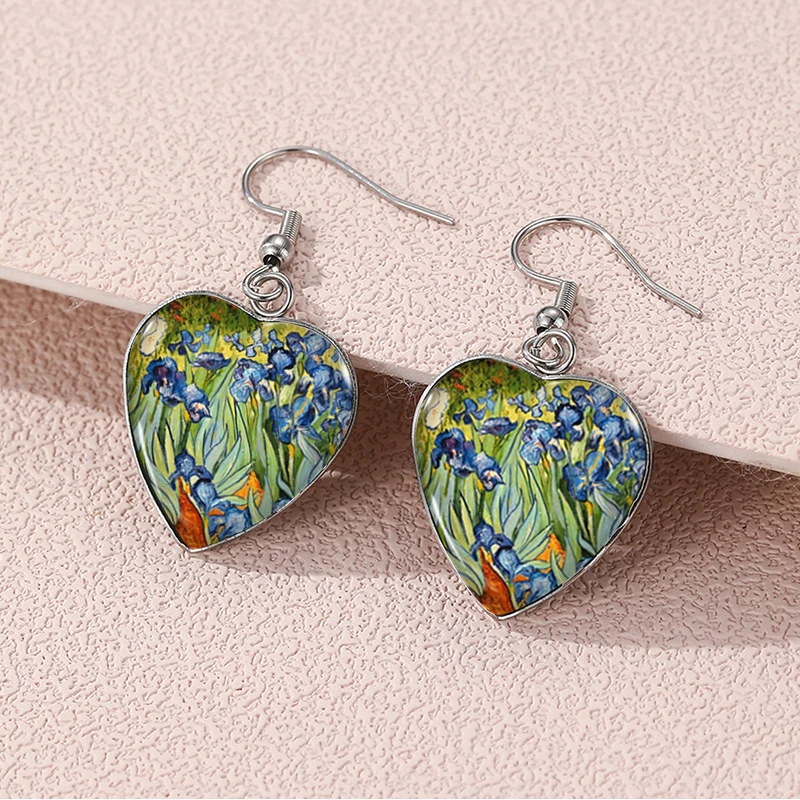 2024 New Starry Night Van Gogh Dangle Earring Heart Shaped Earrings Handmade Glass Dome Jewelry