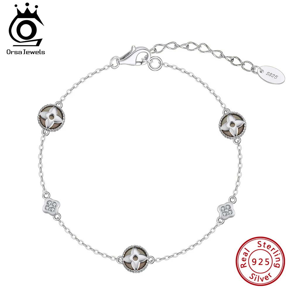

ORSA JEWELS Браслет из стерлингового серебра 925 пробы с черной ракушкой O-цепочка с дизайном четырехлистного клевера AAAAA CZ Символ богатых и удачи GMB71