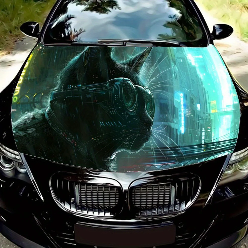 

Green Technology Cyber Cat Print Car Hood Wrap Color Vinyl Sticker Truck Graphic Bonnet Auto Accessories Decoration Decal Gift