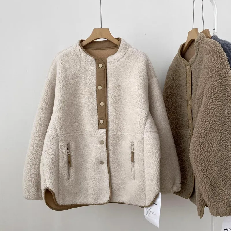 

Lamb Fur Jaet Women's Winter New Loose Slim Fit Stand Collar Small Design Thiened Plu Anti-Aging Coat Long Sve Butto...