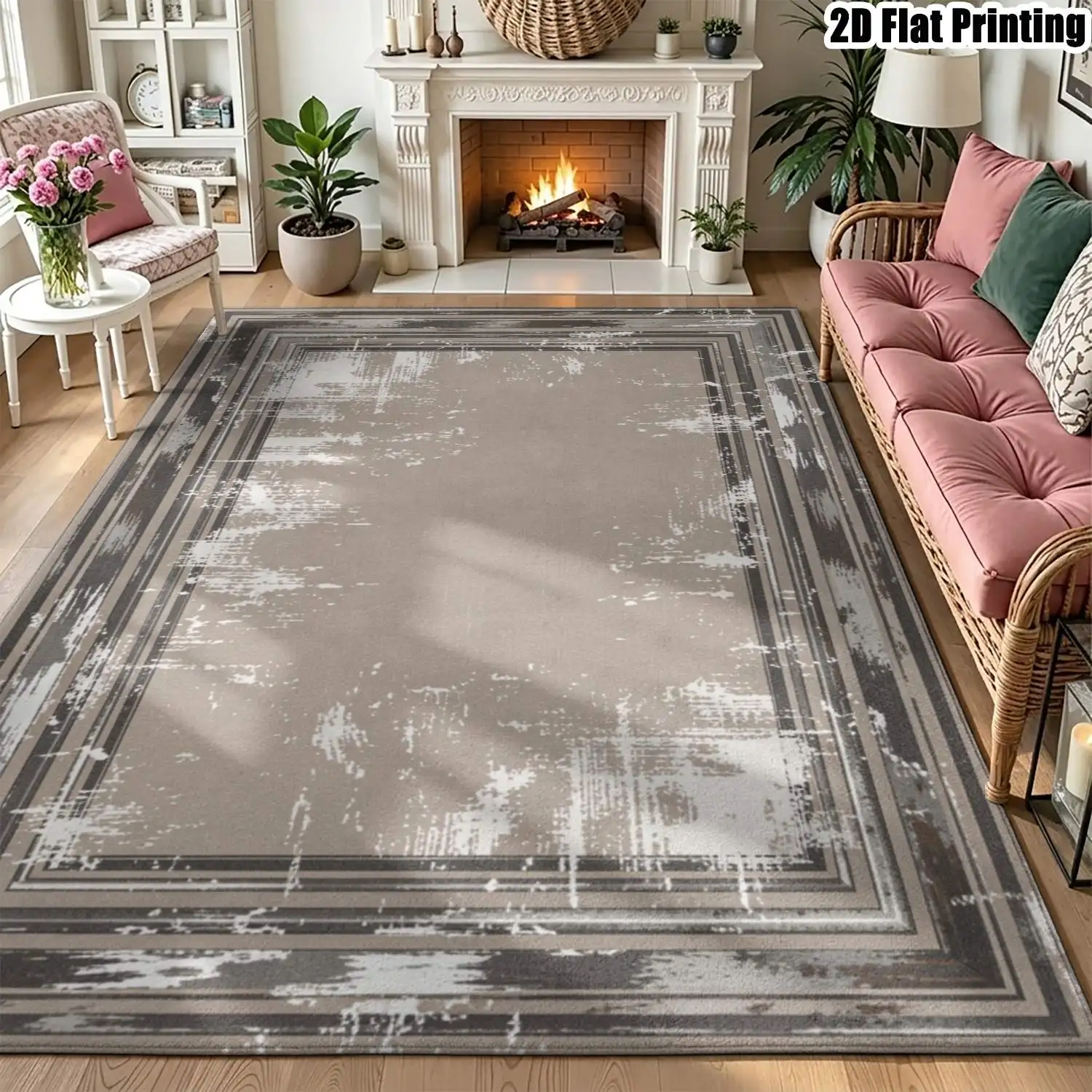 1Pc 2D Printed Retro Aged Frame Pattern Carpet, Nordic/Minimalist/European/Geometric Striped Styles, Home Decor, Multi-Size, Machine Washable, Suitable for Entrance, Dining, Foyer, Bedroom, Living Room