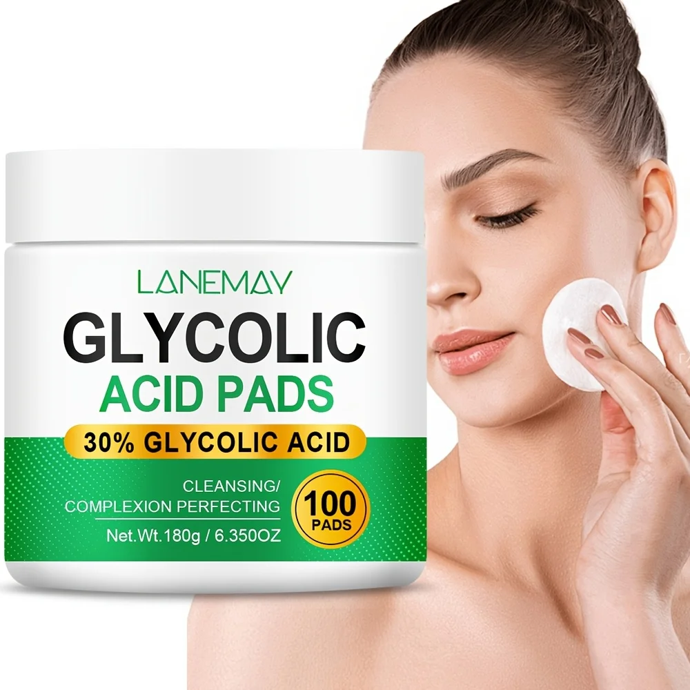 100 Count Glycolic Acid Pads with Vitamin B5, C & E, Brightening Flakes for Face, Niacinamide & Glycerin Infused, Skin Cleansing