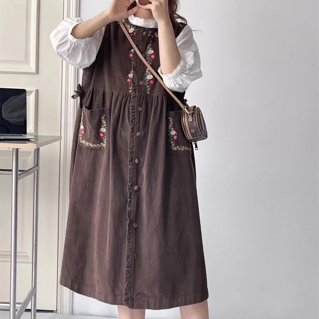 Robe japonaise Mori Girl Vintage brodée florale, gilet en velours côtelé, bretelles, col rond, sans manches, simple boutonnage, débardeur, automne
