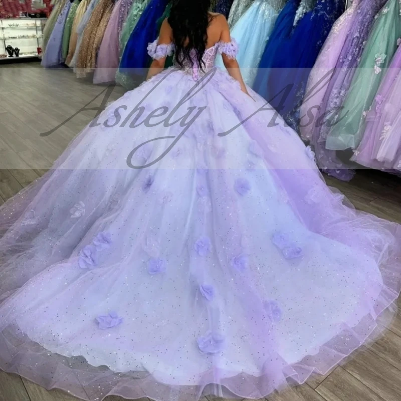 Elegancka liliowa księżniczka słodka 16 14 dziewczęca sukienka na quinceanera Off ramię zasznurować przyjęcie urodzinowe Vestido de 15 anos ballkleider