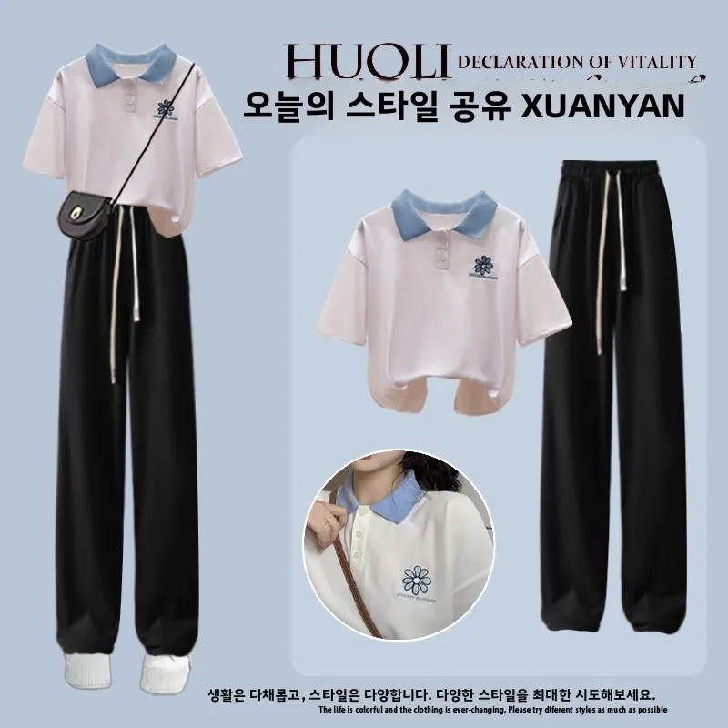 

Girls Summer ort Sve Ne T-irt Wide Leg Pants Two Piece Set Faionable Korean Sle Cotton Casual Wear for Kids