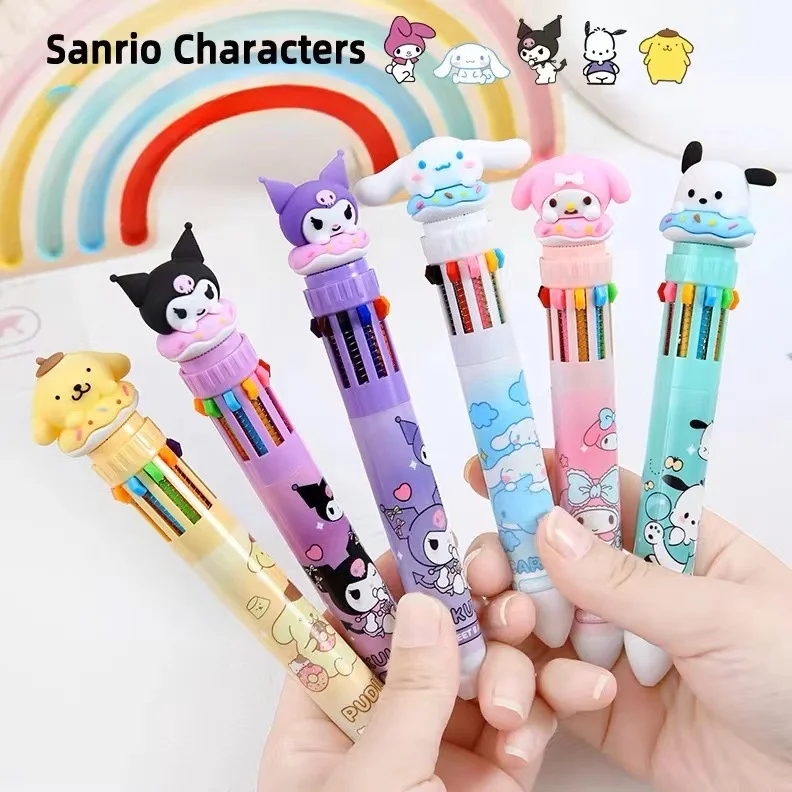 Sanrio Kawaii Press Ten Color Ballpoint Pen Cartoon Kawaii Kuromi My Melody Multi-color Students Painting Gel Pen Stationery