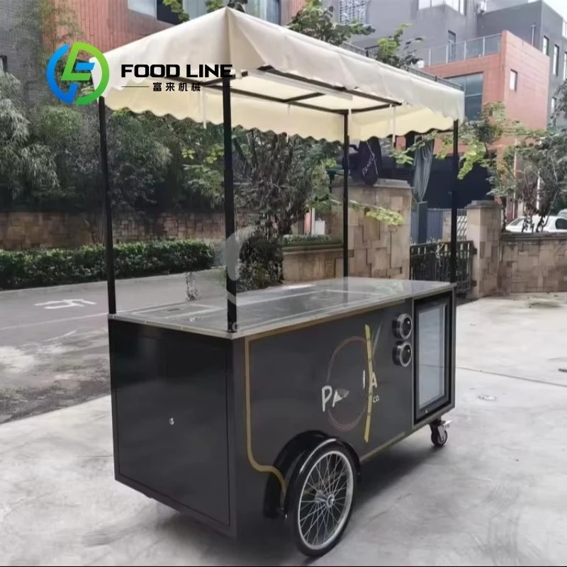 Customized Commercial Stainless Steel Hand Push Mobile Cart With Ice Bin For Ice Cream Snack Outdoor Street Catering