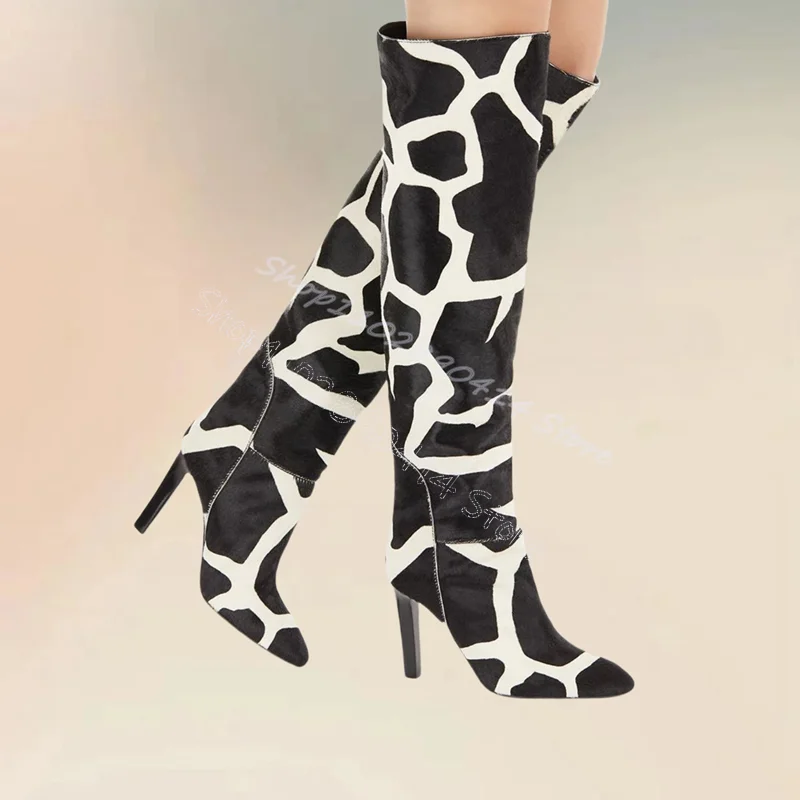 Zebra Print Pointed Toe Knee High Boots Slip On Women Shoes Thin High Heels Novel Party Banquet Office 2024 Zapatos Para Mujere