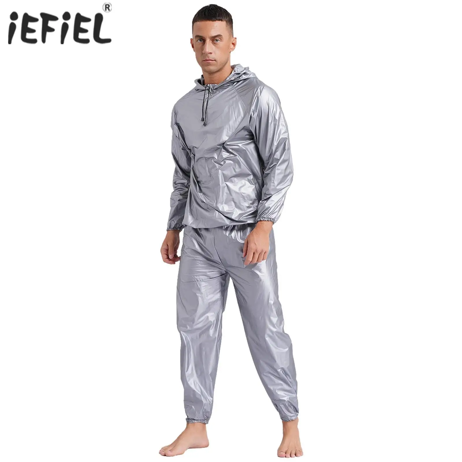 Mens Sauna Sweat Outfit Long Sleeve Hooded Jacket Outerwear and Elastic Waist Long Pants PVC Sweating Suit for Gym Workout