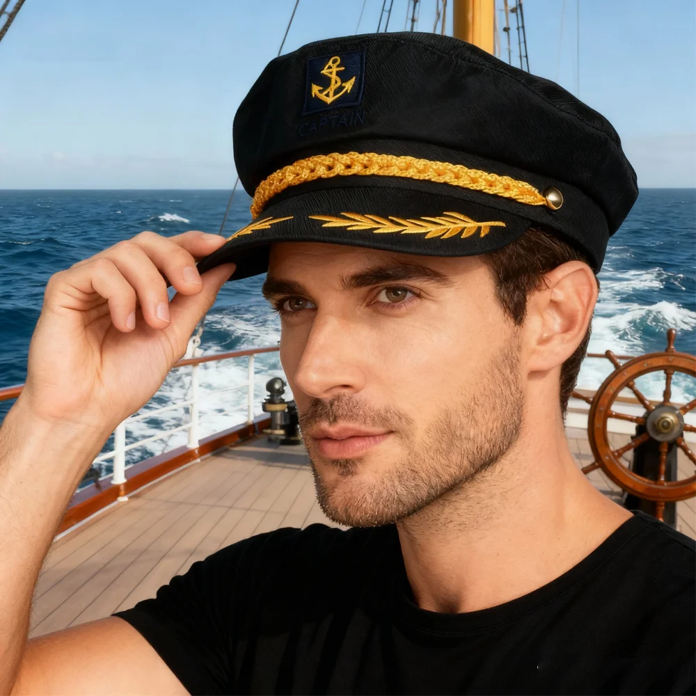 PESENAR Chapeau naval noir de style capitaine avec emblème d'ancre pour accessoire de cosplay et de costume