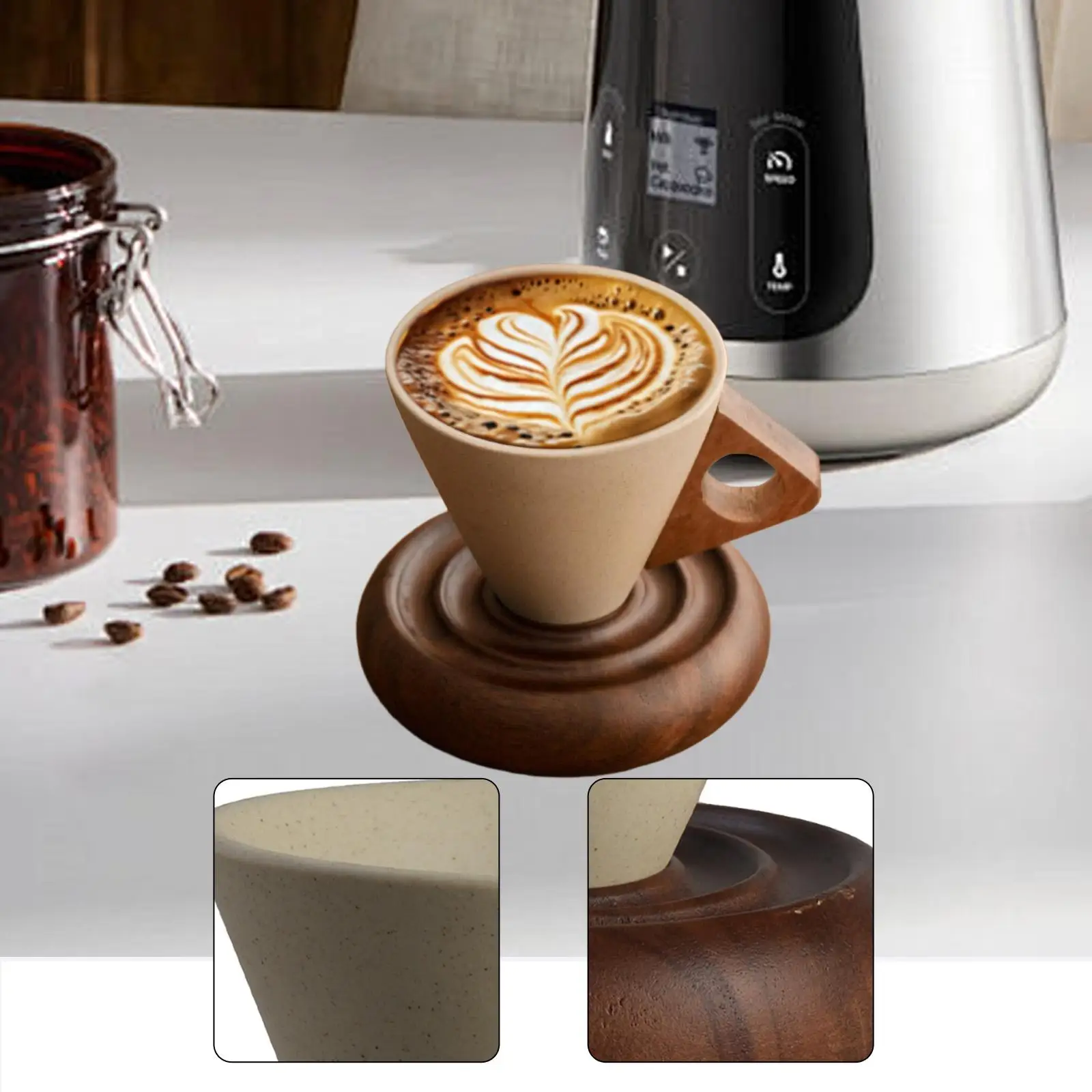 Ceramic Cappuccino Mug with Wooden Saucer Stylish Coffee Cup Coffeeware for Office Home Cafe Gathering