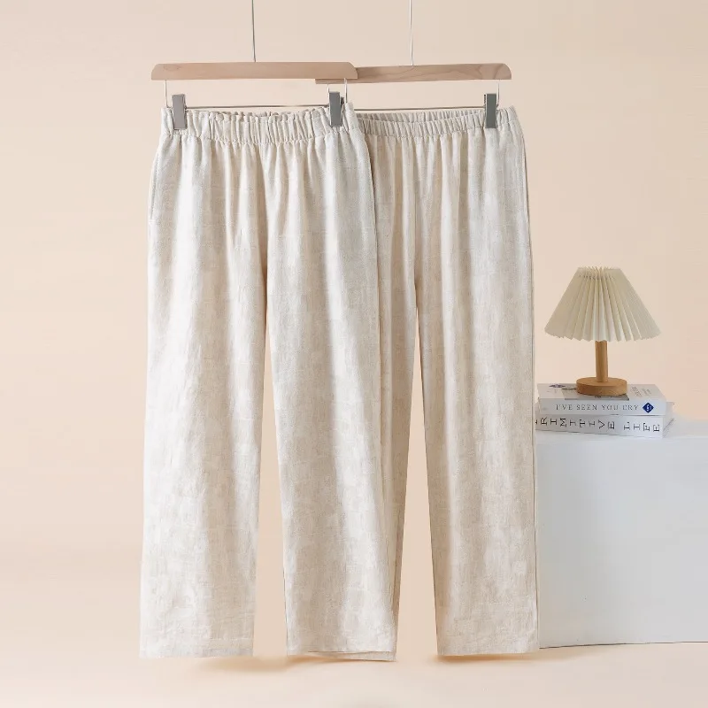 

Casual Solid Color Cotton and Linen Home Pajama Pants Couple Spring / Autumn Thin Men's and Women's Elastic Waist Sleep Bottoms