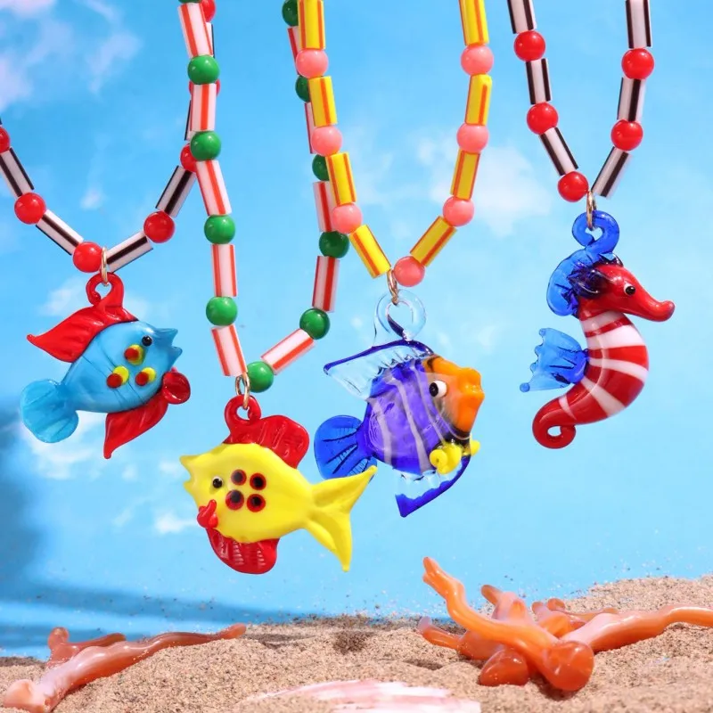 HANGZHI Colourful Glaze Goldfish Seahorse Glass Pendant Necklace INES Striped Beaded Jewelry for Women Fashion Cute Gift New