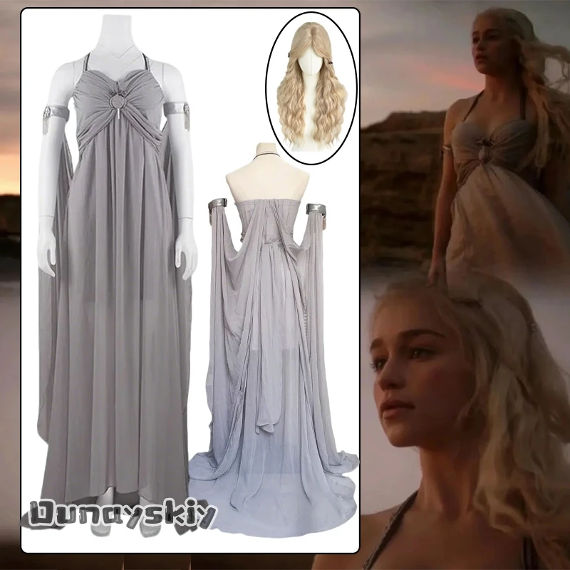 

Queen DANIELIS Costume Cosplay Women's Medieval Queen Grey Long Train Dress Pleat Elegant Off Shoulder Evening Dresses Disguise