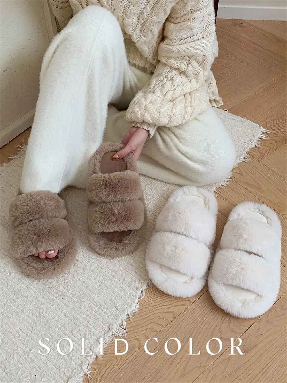 

Women Home Fur Slippers Versatile Casual Autumn And Winter Indoor And Outdoor Plush Slippers For Women Simple Household Slippers