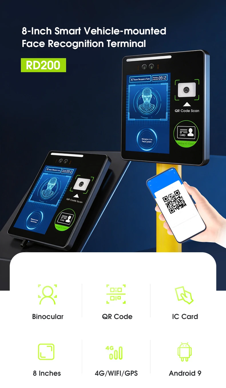 RAKINDA 8-Inch 1280x800 Android9 RK3288 Quad-Core Processor NFC Smart Vehicle Mounted Face Recognition Terminal QR Bus Payment