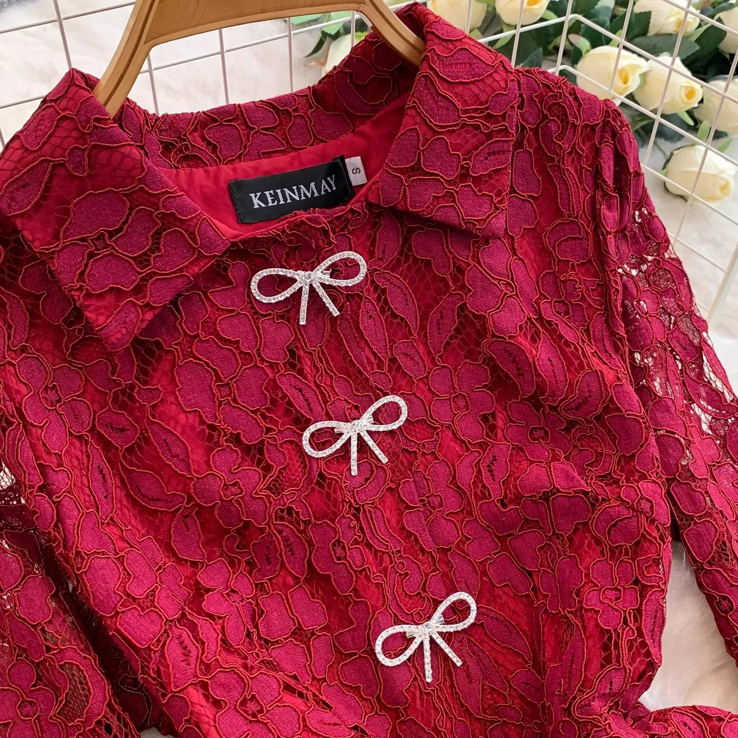 Runway Flower Embroidery Evening Prom Red Lace Patchwork Dress Autumn Women's Lapel Long Sleeve Beaded Bow Holiday Maxi Vestidos