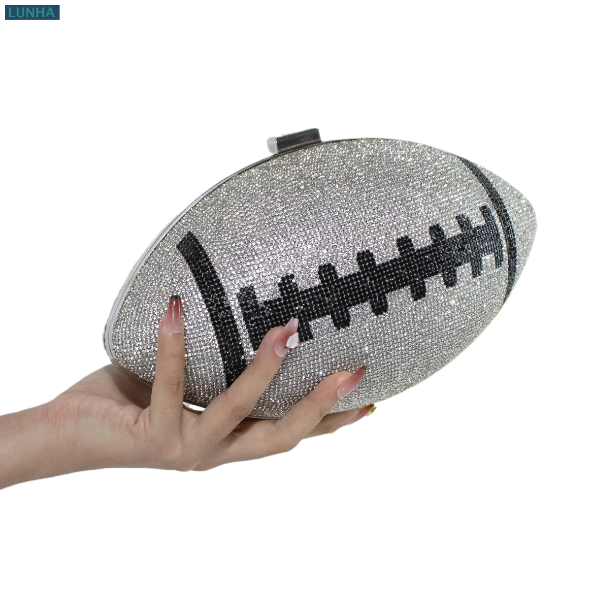 

Glamorous Rhinestone Evening Clutch Bag for Women Oval Rugby Shape Party Makeup Box Handbag Shoulder Chain Purse
