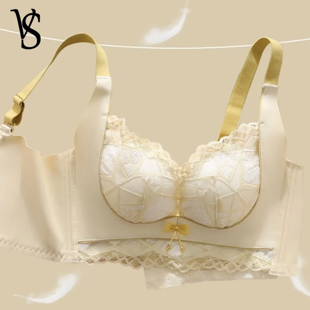 Women Deep V Bra Underwire Sexy Elegant Deep-V Embroidered Flower Side Support Push Up Bra Non-Padded Push Up Lace Bra Brassiere