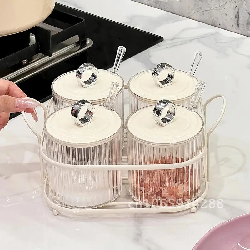 

Ins Style Light Luxury Plastic Seasoning Jar Suit Household Kitchen Storage Box Salt Seasoning Box with Storage Rack