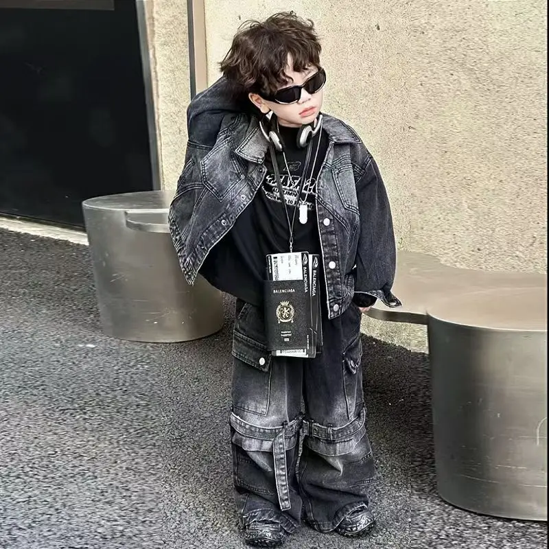 

Children's Korean Autumn Edition 2025 New Style Retro Matte Coat For Boys And Girls Loose Cowboy Two Piece Set