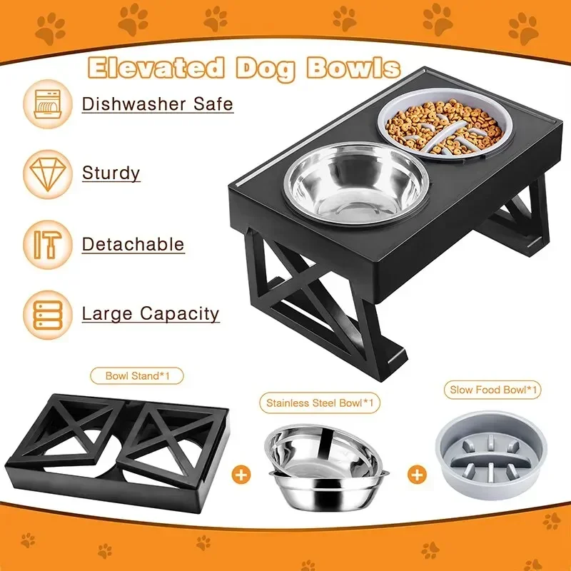 Stainless Steel Pet Elevated Double Bowl Cat Dog Bowl 2 in 1 Pet Feeder Adjustable Height Slow Food Bowl