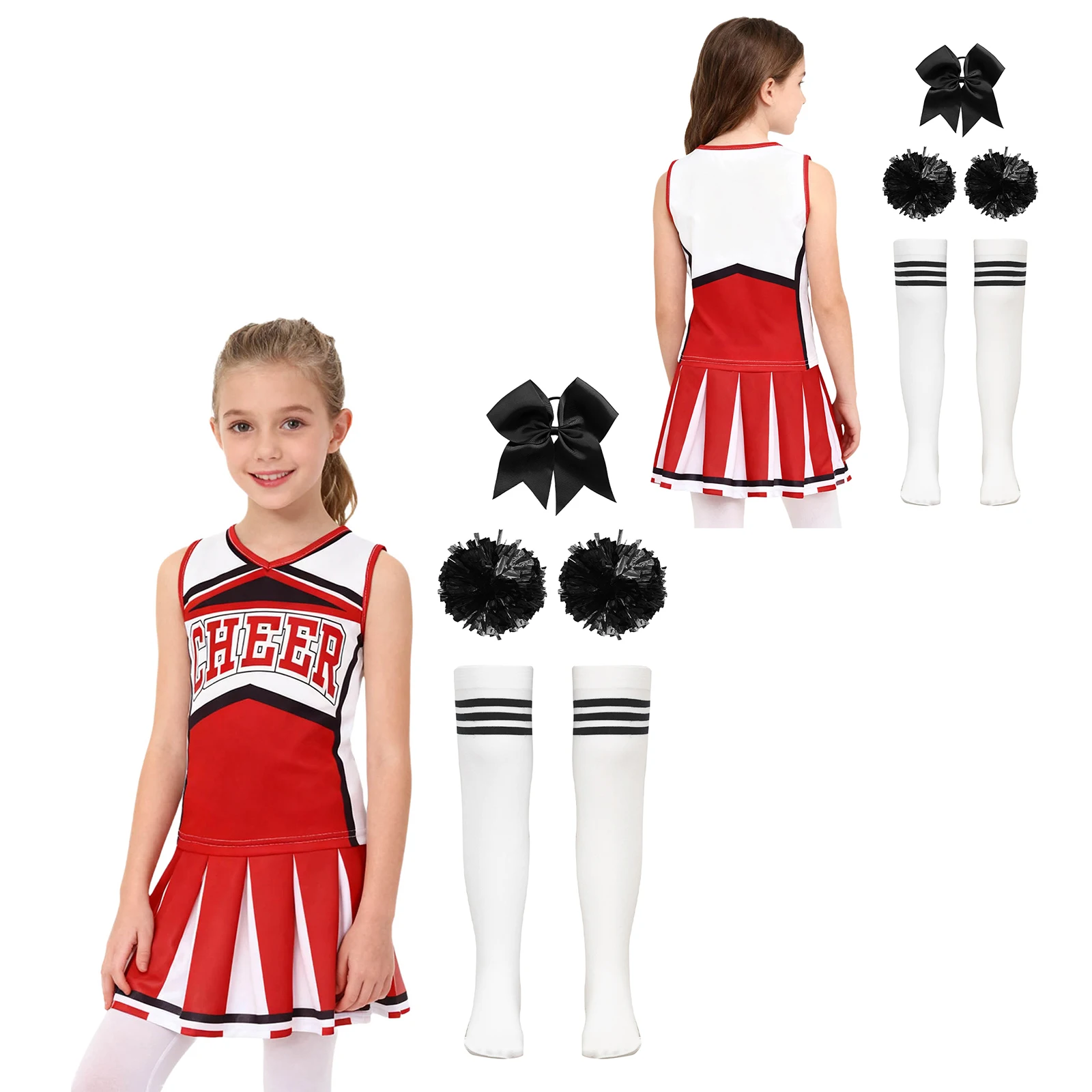 5 قطع يهتف زعيم الرقص أداء الزي إلكتروني طباعة أعلى مع تنورة Bowknot العلاقات الشعر شرابة اليد الزهور والجوارب مجموعات