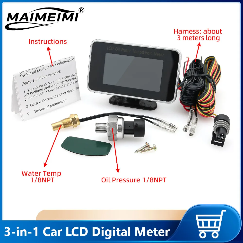 

3-в-1 автомобильный ЖК-метр, цифровой датчик давления масла, датчик температуры воды, универсальный инструмент для автомобиля, грузовика, внедорожника 12 В/24 В