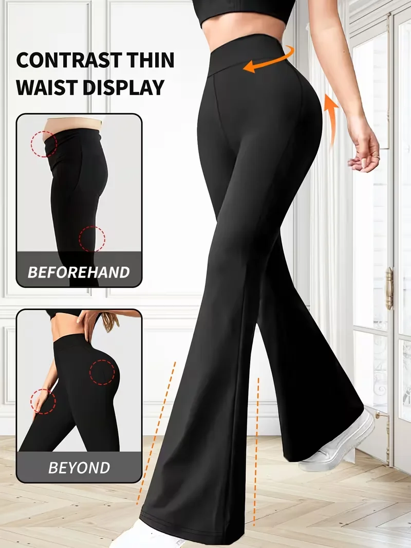 Pantalones de yoga de pierna ancha y cintura alta para mujer, estilo de pierna ancha elástico a media cintura, ropa de talla grande, pantalones y capris, ropa de mujer