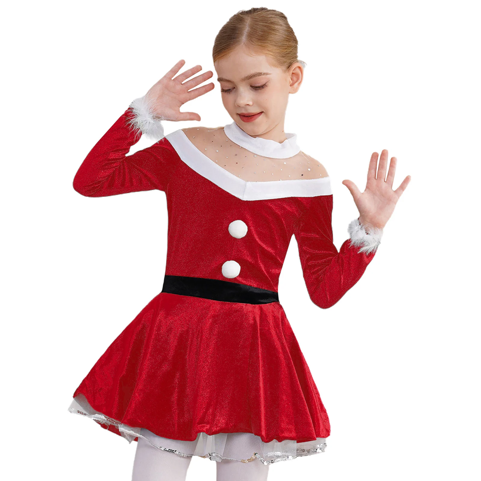 Girls Velvet Christmas Dress Santa Claus Costume One-piece Long Sleeves Pompoms Adorned Dance Leotard Dress Party Princess Dress