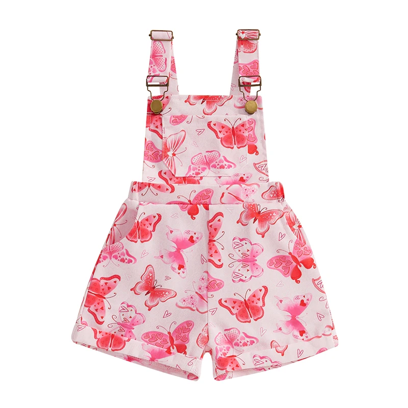 Little Girls Overalls Shorts Butterfly Heart Print Sleeveless Square Neck Suspender Jumpsuit Romper