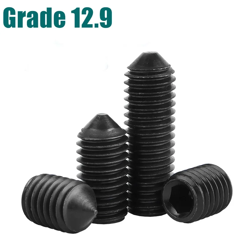 DIN914 Grade 12.9 Black Carbon Steel M2.5 M3 M4 M5 M6 M8 M10 Hex Hexagon Socket Cone Point Grub Set Screw Tapered End Bolt