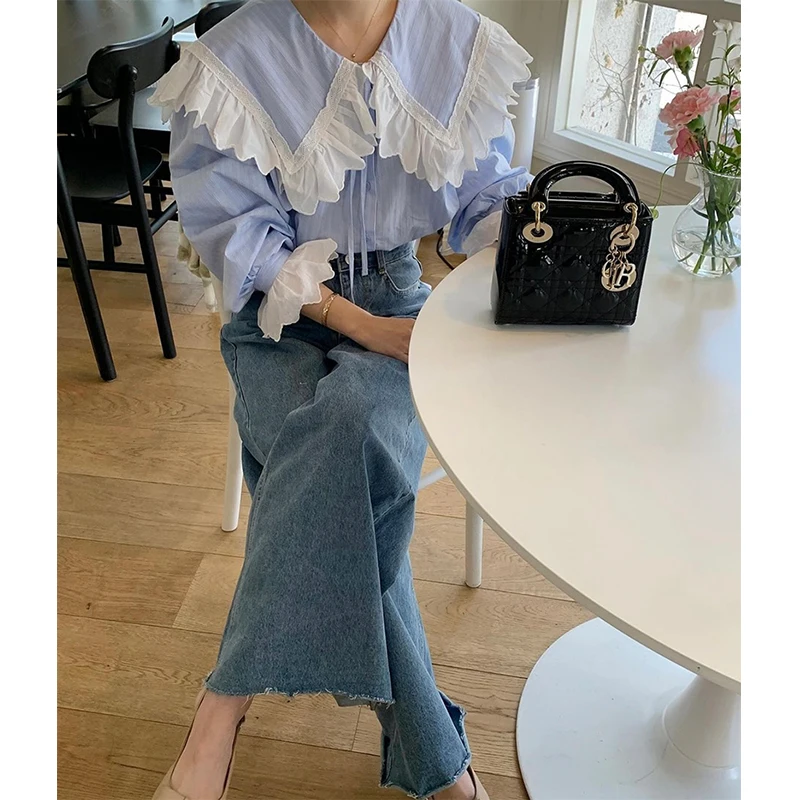 Mexzt elegante camisas listradas moda feminina rendas babados retalhos blusas brancas coreano rendas até alargamento manga longa design topos novo