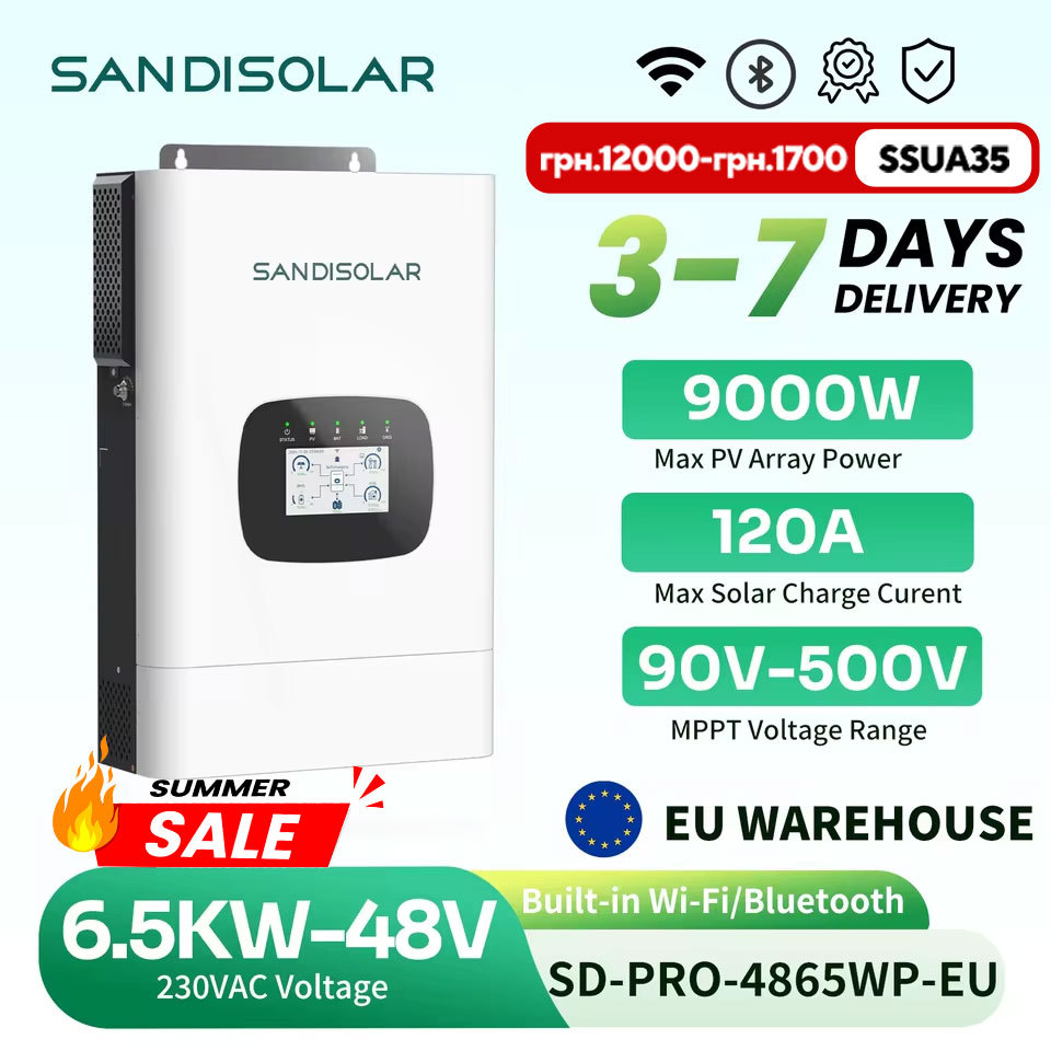  SANDISOLAR 6.5KW 48V Hybrid Solar Inverter 230VAC Pure Sine Wave Inverter MPPT Built in WiFi units EU Stock Parallel
