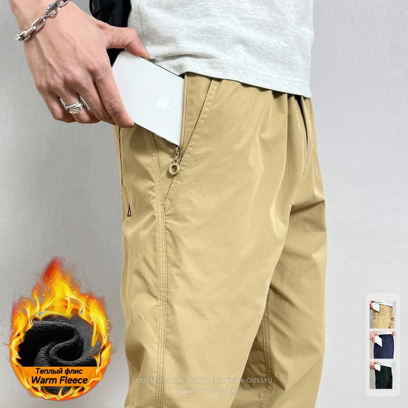 Winter Fleece Warm Cargo Pants Men Casual Trousers with Zipper Pockets Quick Dry Pants for Outdoor Work Elastic Waist Daily Wear