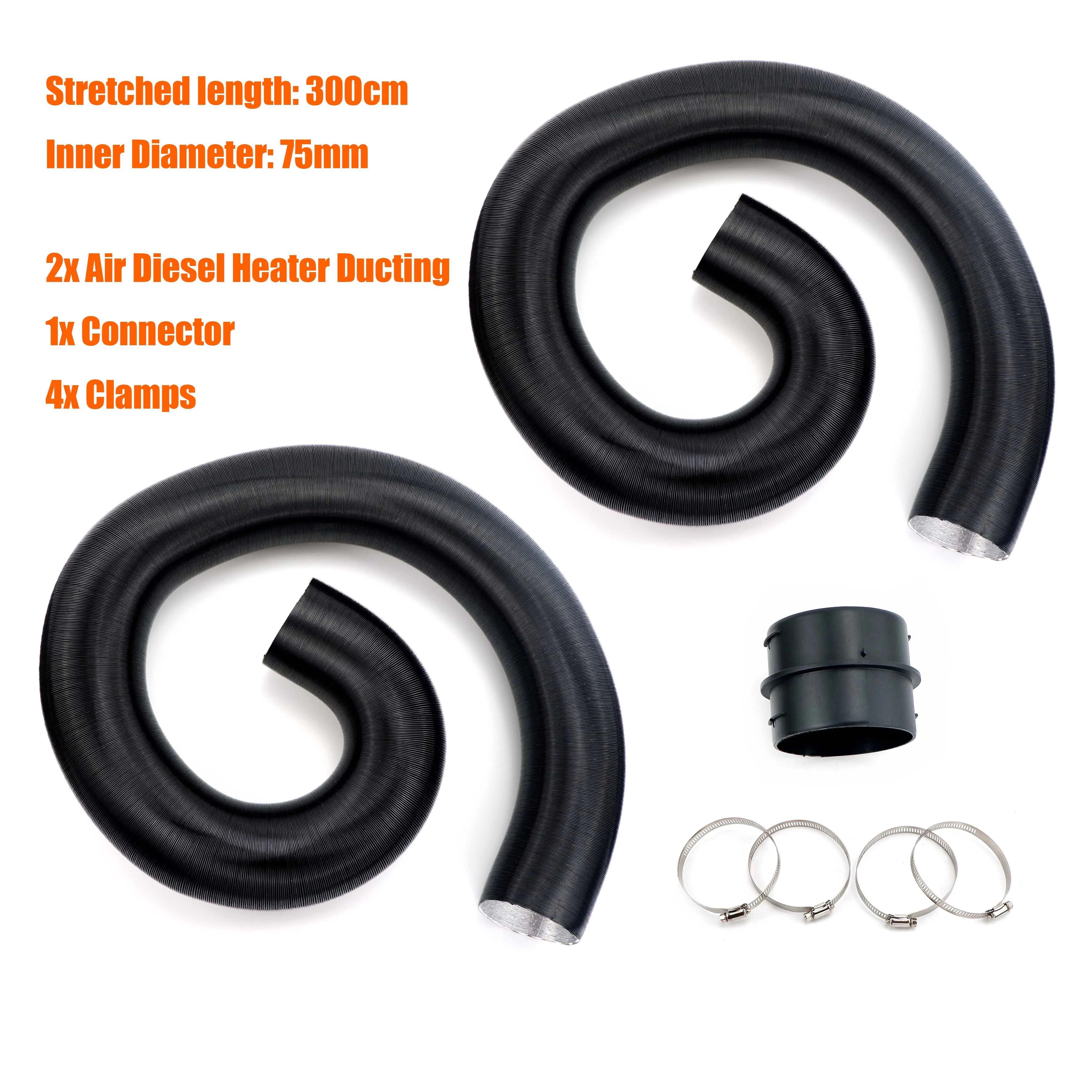 

Air Diesel Heater 2x 75mm Diameter 300cm Length Duct Pipe Tube Hose Black + 1x Flat Connector + 4x Clamps Set For Car Truck VAN