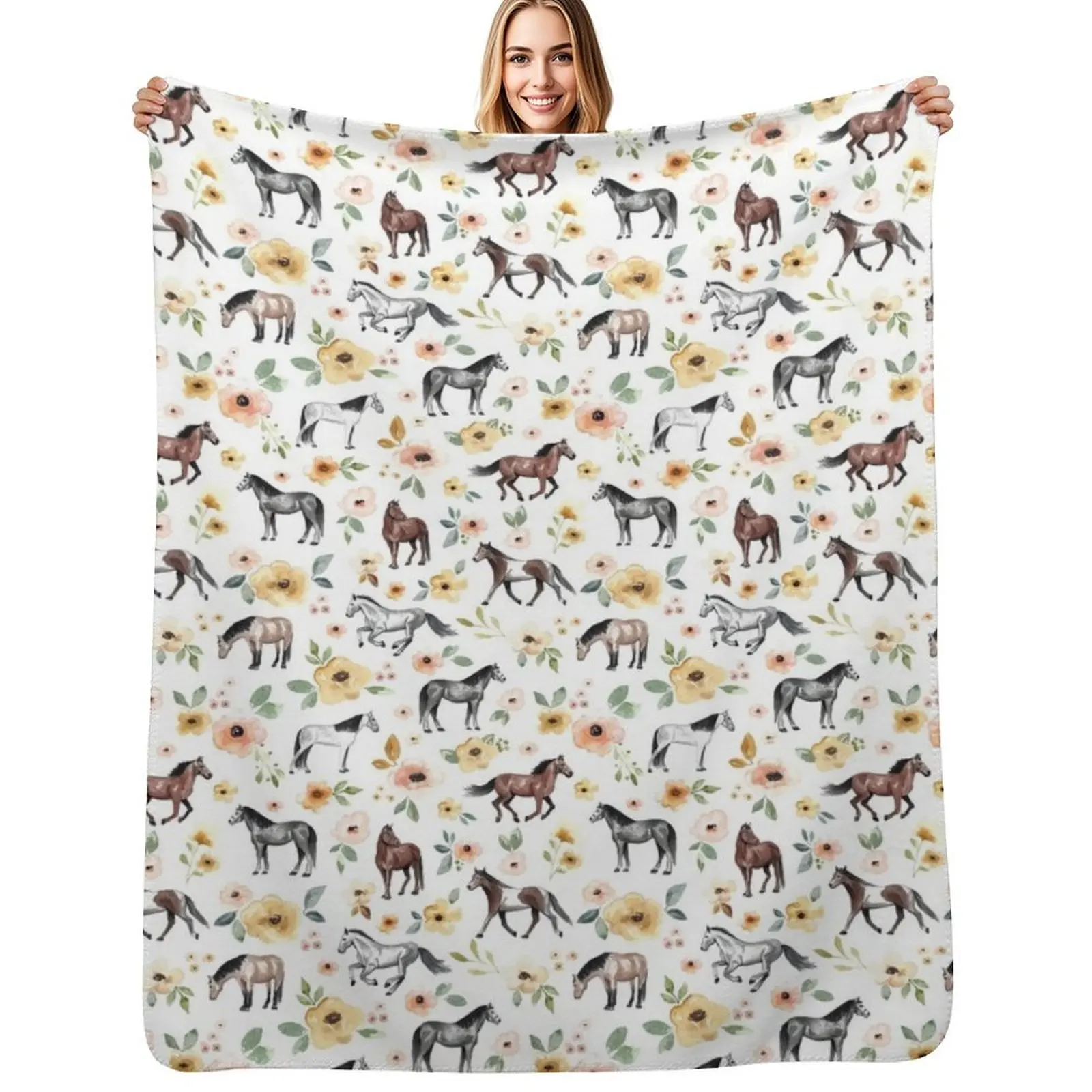 

Horses with Yellow and Pink Flowers, Horse Decor, Watercolor Floral Throw Blanket Picnic Beautifuls Moving Comforter Blankets